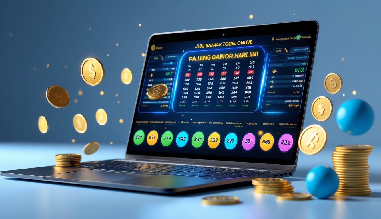 Seseorang menggunakan perangkat digital dengan tampilan antarmuka lotere online yang penuh warna dan simbol keberuntungan di meja kerja yang terang.