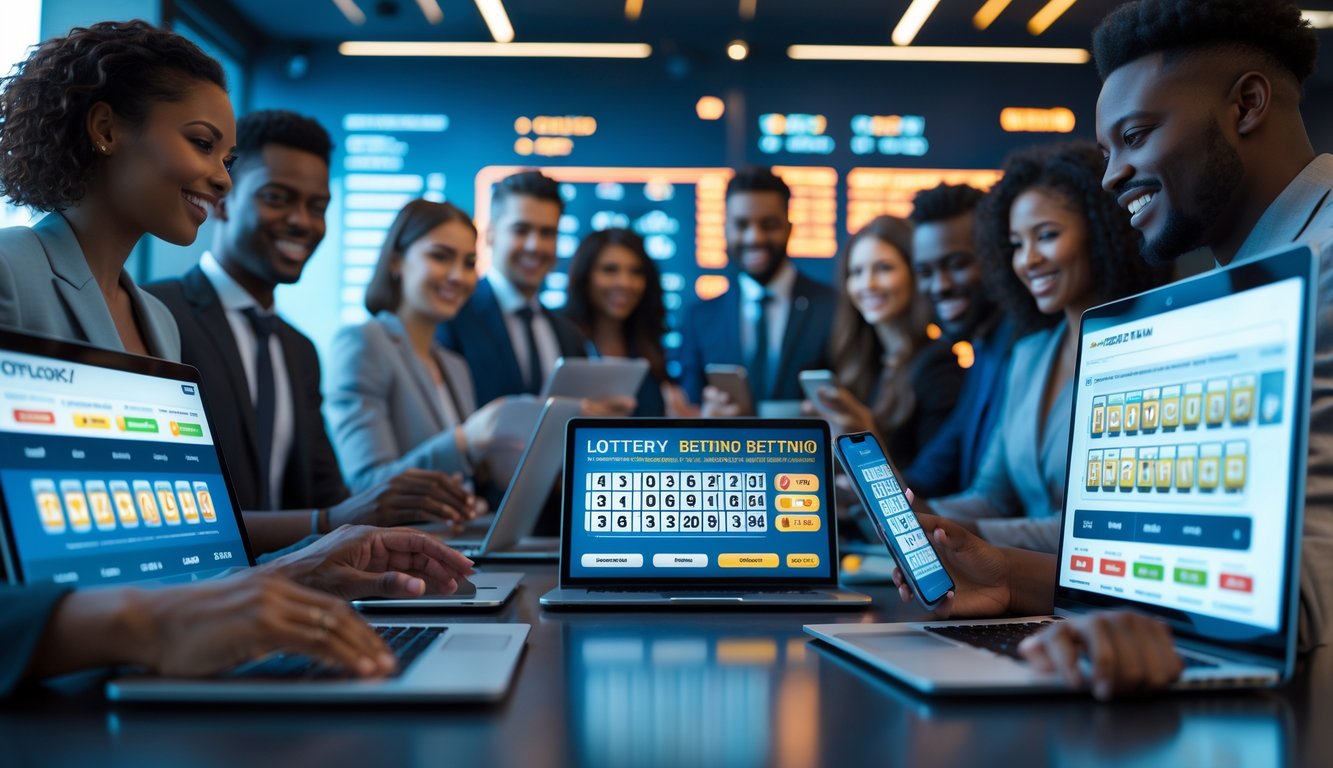 Sekelompok orang menggunakan perangkat digital di kantor modern dengan tampilan angka togel dan grafik di layar.