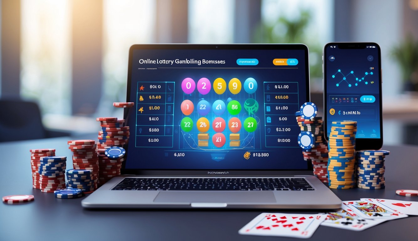 Meja kerja modern dengan laptop yang menampilkan antarmuka lotere digital, dikelilingi oleh chip poker, kartu remi, dan ponsel yang menunjukkan aplikasi taruhan.