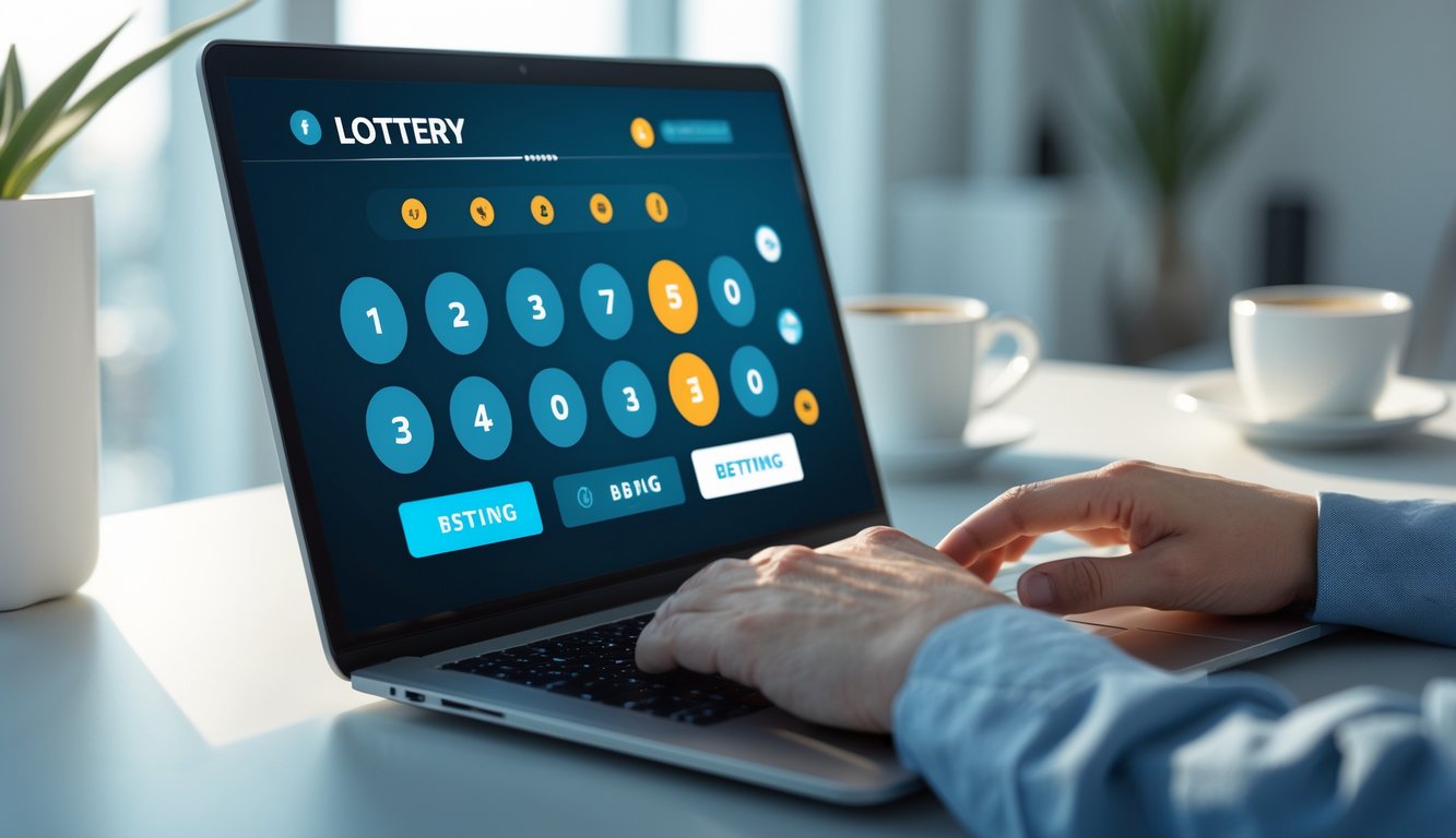 Seseorang menggunakan laptop di meja kerja dengan tampilan antarmuka lotere digital di layar.