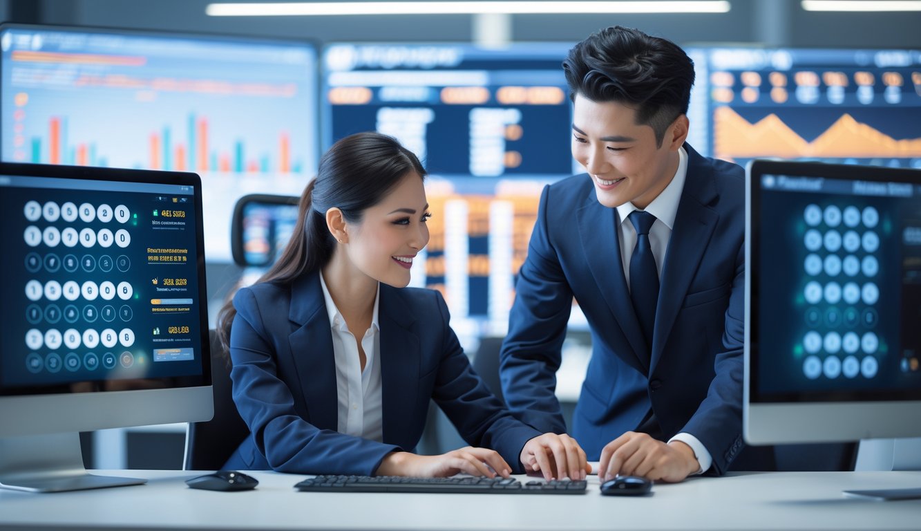 Seorang pria dan wanita bekerja sama di kantor modern dengan komputer menampilkan angka lotere dan grafik pembayaran cepat.