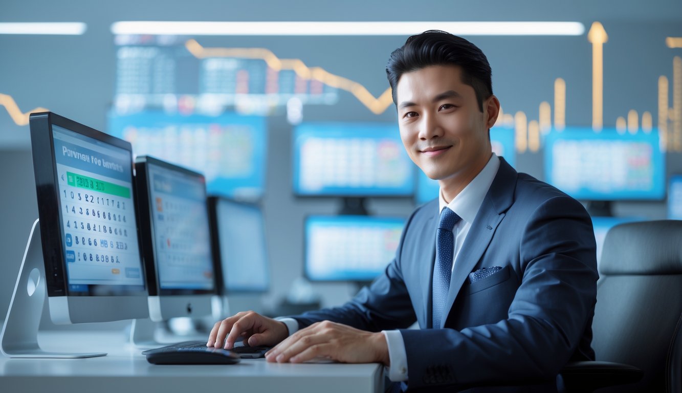 Seorang pria Asia duduk di meja kantor modern dengan beberapa layar komputer menampilkan angka togel dan konfirmasi pembayaran digital.