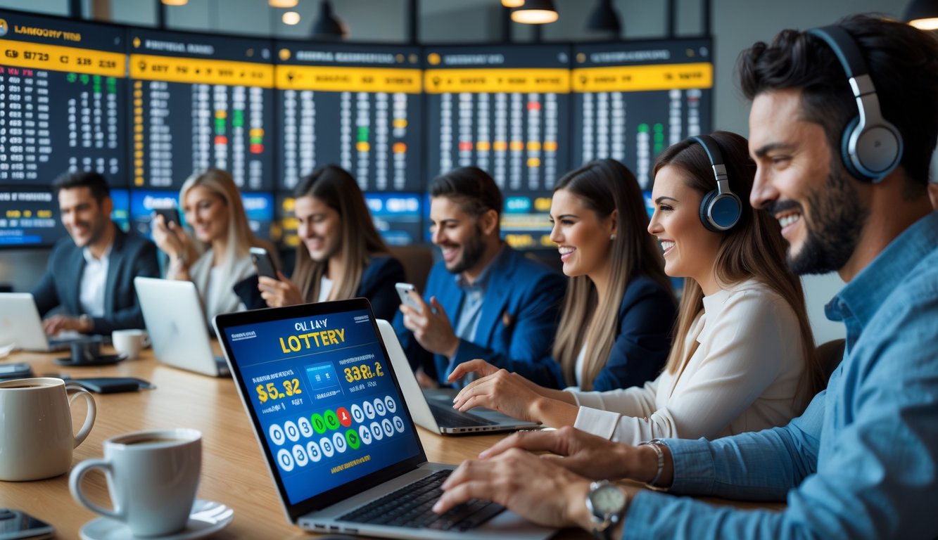 Orang-orang bermain judi togel online dengan laptop dan ponsel di ruang kerja modern dengan layar digital menampilkan angka dan grafik togel.