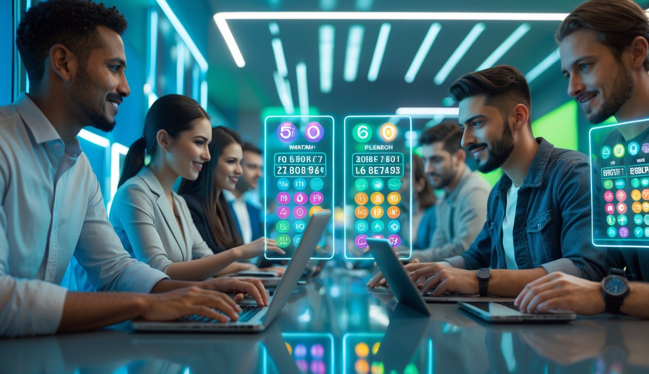 Beberapa orang menggunakan perangkat digital untuk bermain judi togel online di ruangan modern dengan layar angka dan grafik.