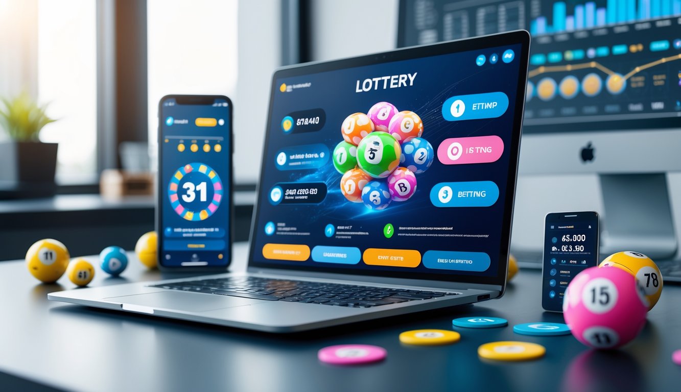 Seorang pengguna sedang melihat layar laptop dengan tampilan permainan togel online, dikelilingi bola togel dan perangkat teknologi di meja kerja.