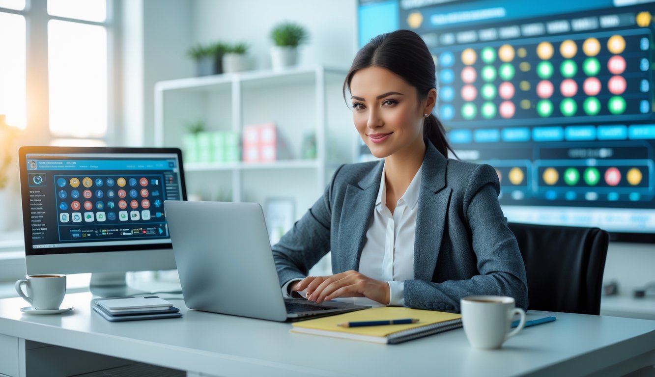 Seorang wanita muda duduk di meja dengan laptop dan ponsel, fokus pada permainan lotere online dengan tampilan angka dan grafik di layar.