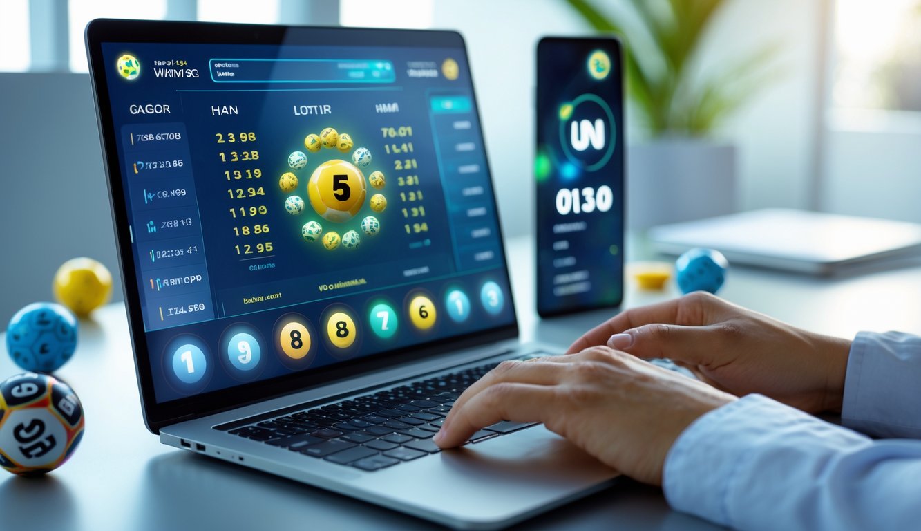 Seseorang menggunakan laptop di meja kerja dengan tampilan antarmuka lotere digital dan bola lotere di sekitarnya.