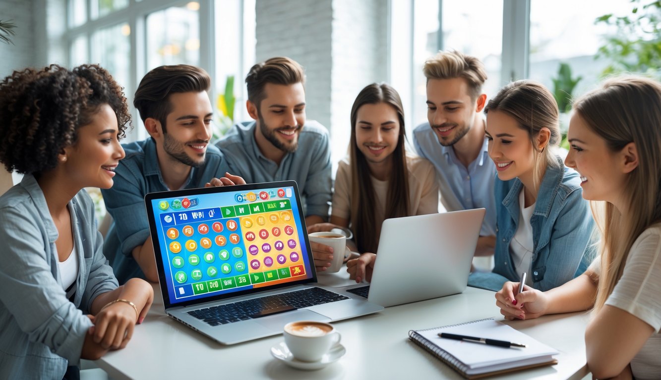 Sekelompok orang muda sedang menggunakan laptop dan ponsel di ruang terang dengan suasana santai, menikmati permainan togel online.