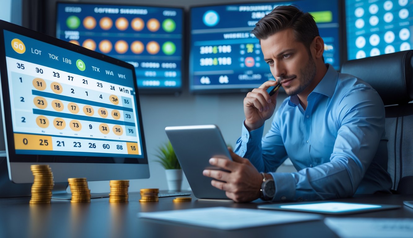 Seorang pria profesional duduk di meja kantor modern dengan beberapa layar digital menampilkan angka lotere dan grafik, sedang meninjau data dengan serius.