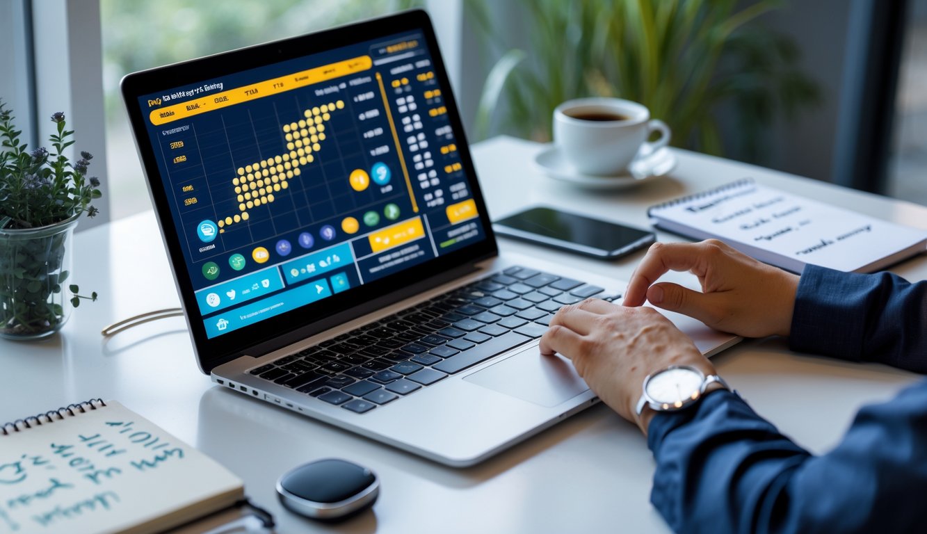 Seseorang sedang menggunakan laptop di meja kerja dengan tampilan antarmuka togel online dan alat tulis di sekitarnya.