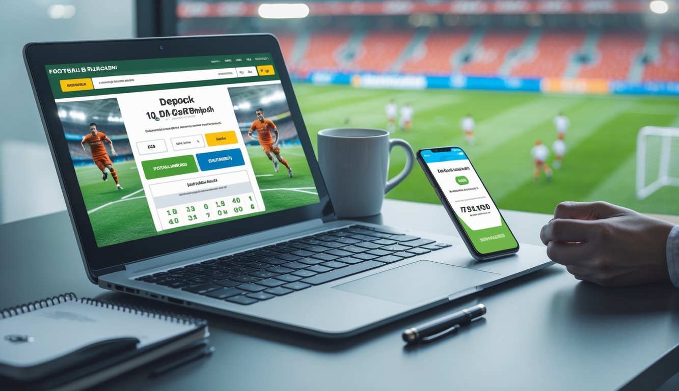 Seorang pria menggunakan laptop dan ponsel di meja kerja dengan latar belakang gambar sepak bola, menunjukkan aktivitas taruhan bola online yang cepat dan terpercaya.