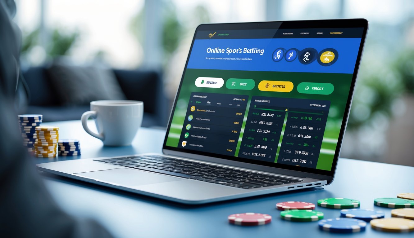 Seseorang menggunakan laptop atau ponsel untuk mengakses situs taruhan olahraga online dengan chip poker dan kartu di meja.