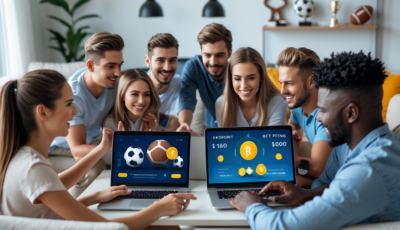 Sekelompok orang muda sedang menggunakan laptop dan ponsel untuk memasang taruhan bola secara online di ruang tamu yang nyaman.