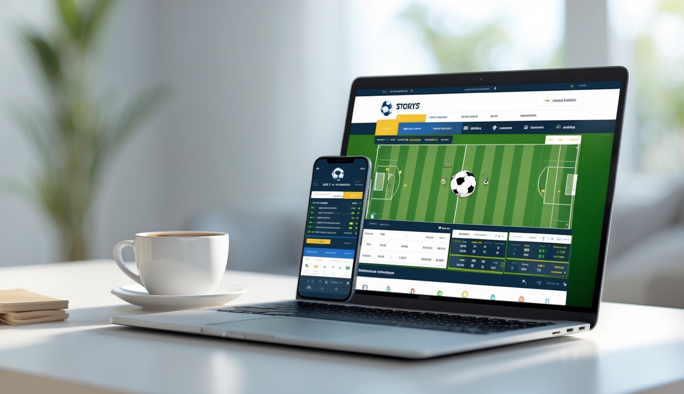 Meja kerja dengan laptop dan ponsel yang menampilkan situs taruhan bola online, dengan suasana yang tenang dan aman.