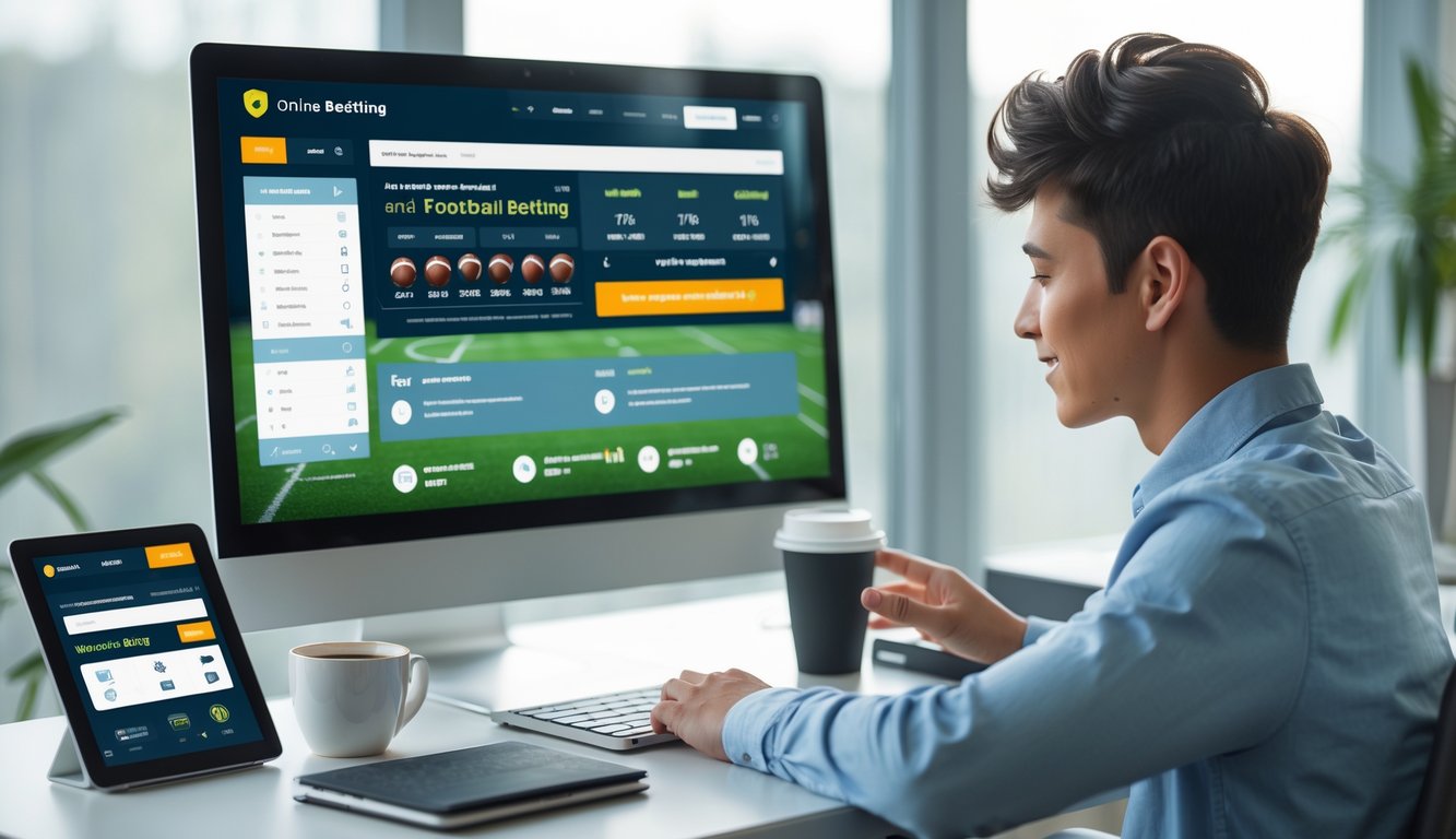 Seorang dewasa muda duduk di depan meja kerja dengan komputer, ponsel, dan tablet yang menampilkan aplikasi taruhan bola online, menunjukkan suasana aman dan resmi.