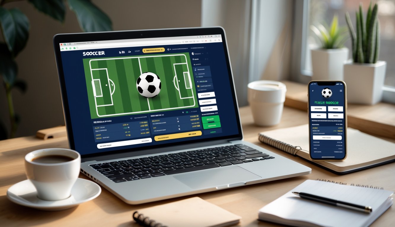 Seseorang menggunakan laptop dan ponsel untuk memasang taruhan bola di meja kerja yang rapi dengan secangkir kopi.