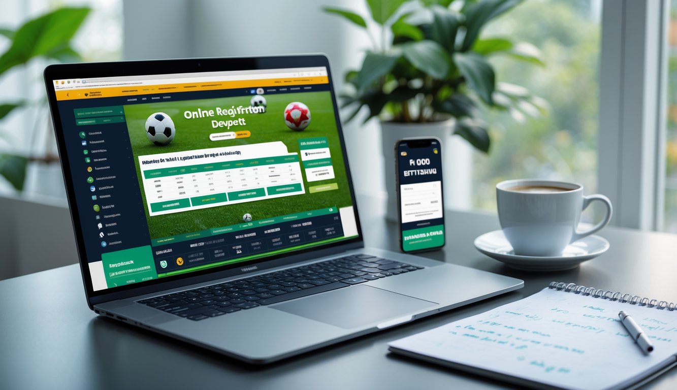 Seseorang sedang menggunakan laptop dan ponsel di meja kerja dengan latar belakang cahaya alami, menampilkan aktivitas terkait taruhan bola online.