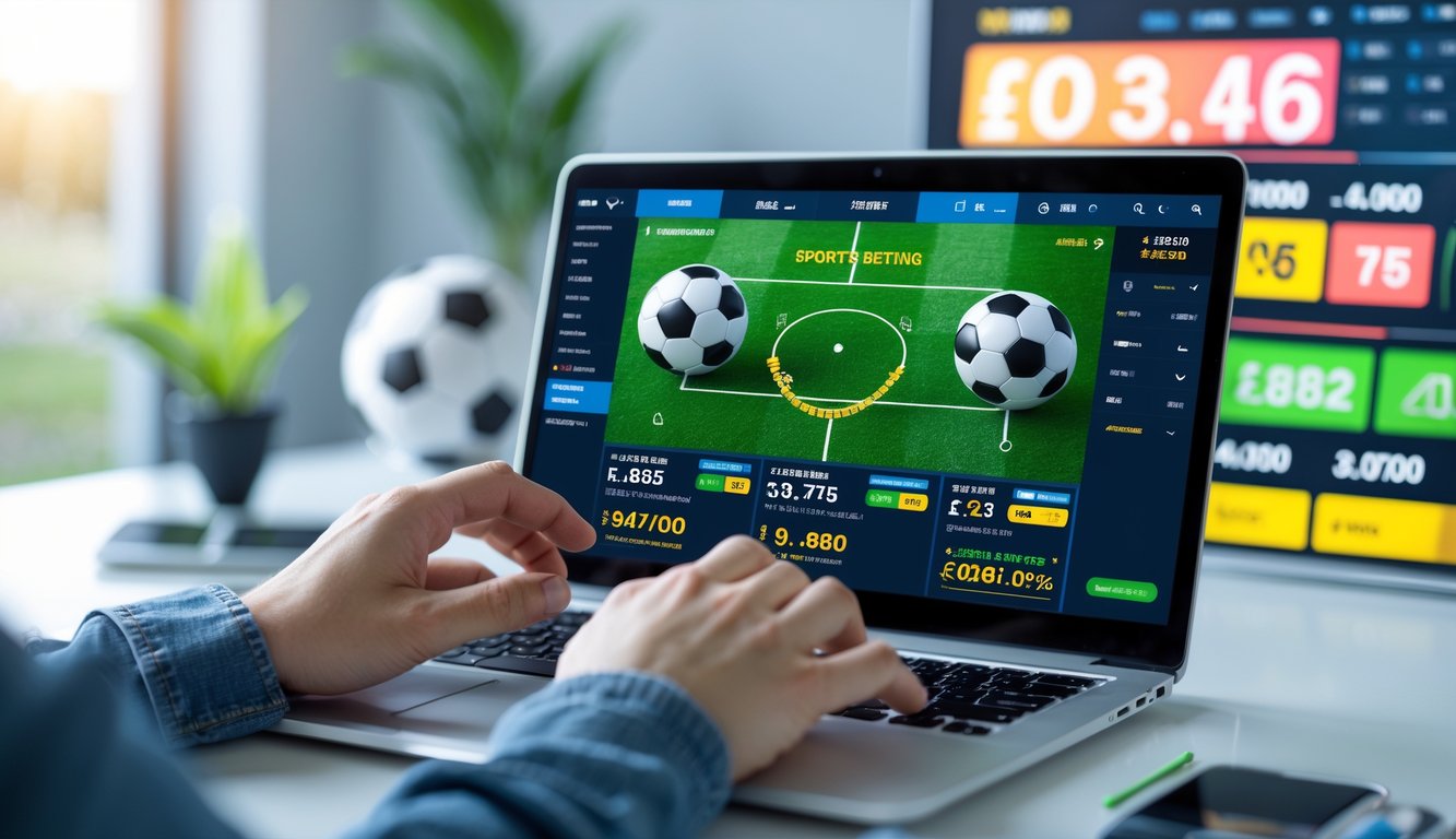 Seseorang menggunakan laptop atau ponsel untuk memasang taruhan bola online dengan tampilan antarmuka taruhan dan simbol sepak bola di latar belakang.