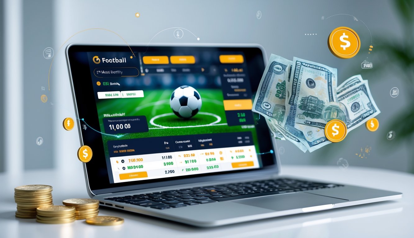 Seseorang menggunakan laptop dengan tampilan situs taruhan bola online yang menampilkan informasi taruhan dan jackpot besar.
