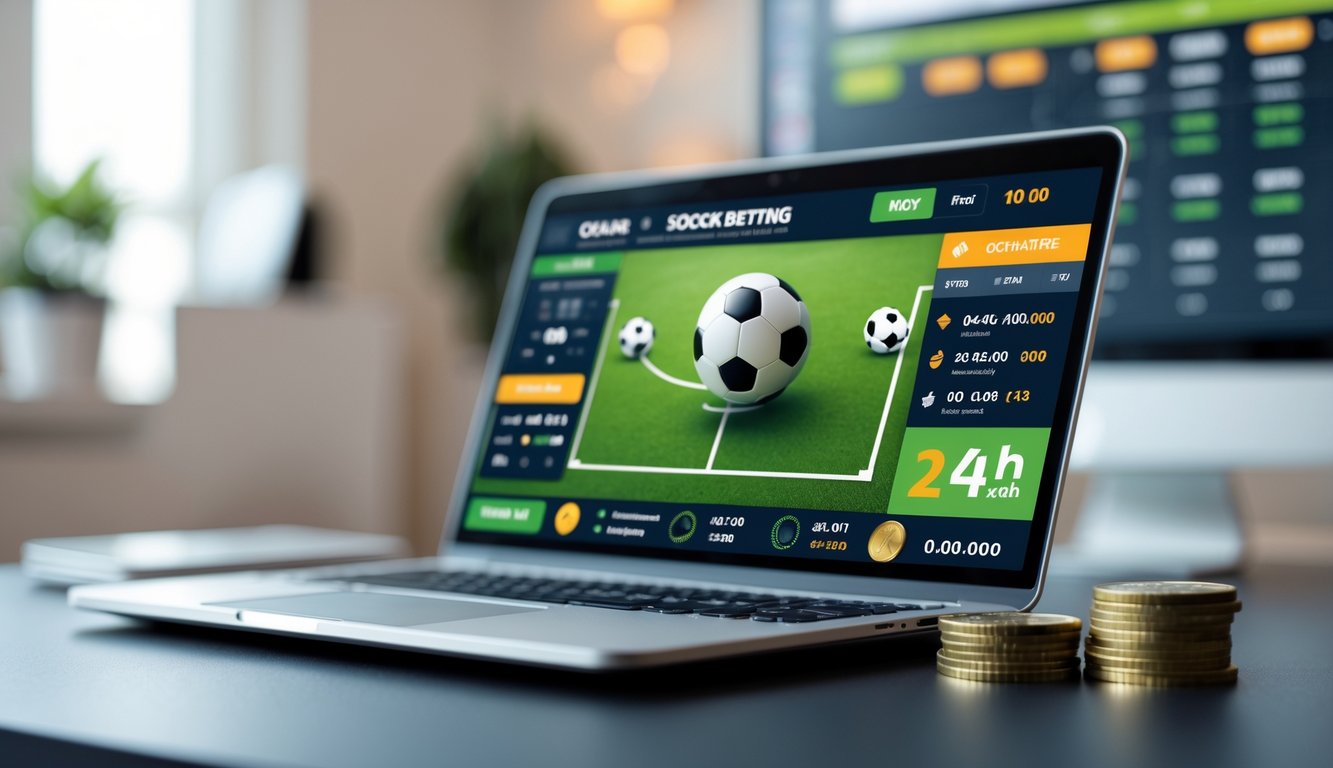 Seorang pengguna menggunakan laptop dengan tampilan situs taruhan bola online, di meja kerja yang rapi dengan elemen yang menunjukkan layanan 24 jam nonstop.