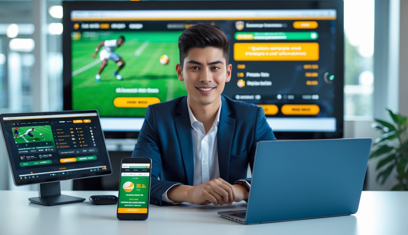 Seorang pria muda duduk di meja dengan laptop dan ponsel yang menampilkan aplikasi taruhan olahraga, di ruang kantor modern dengan layar besar yang menunjukkan grafik pertandingan olahraga.