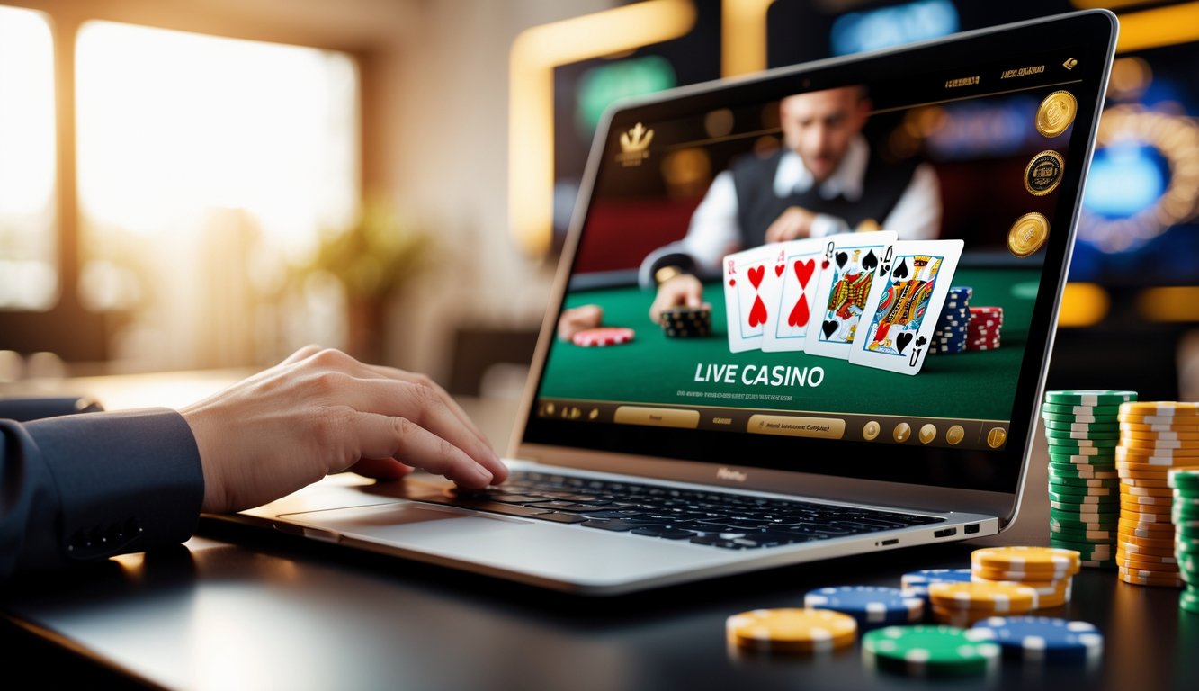 Seorang pemain menggunakan laptop dengan tampilan permainan kasino langsung dan chip di layar, menunjukkan proses deposit cepat dan terpercaya.