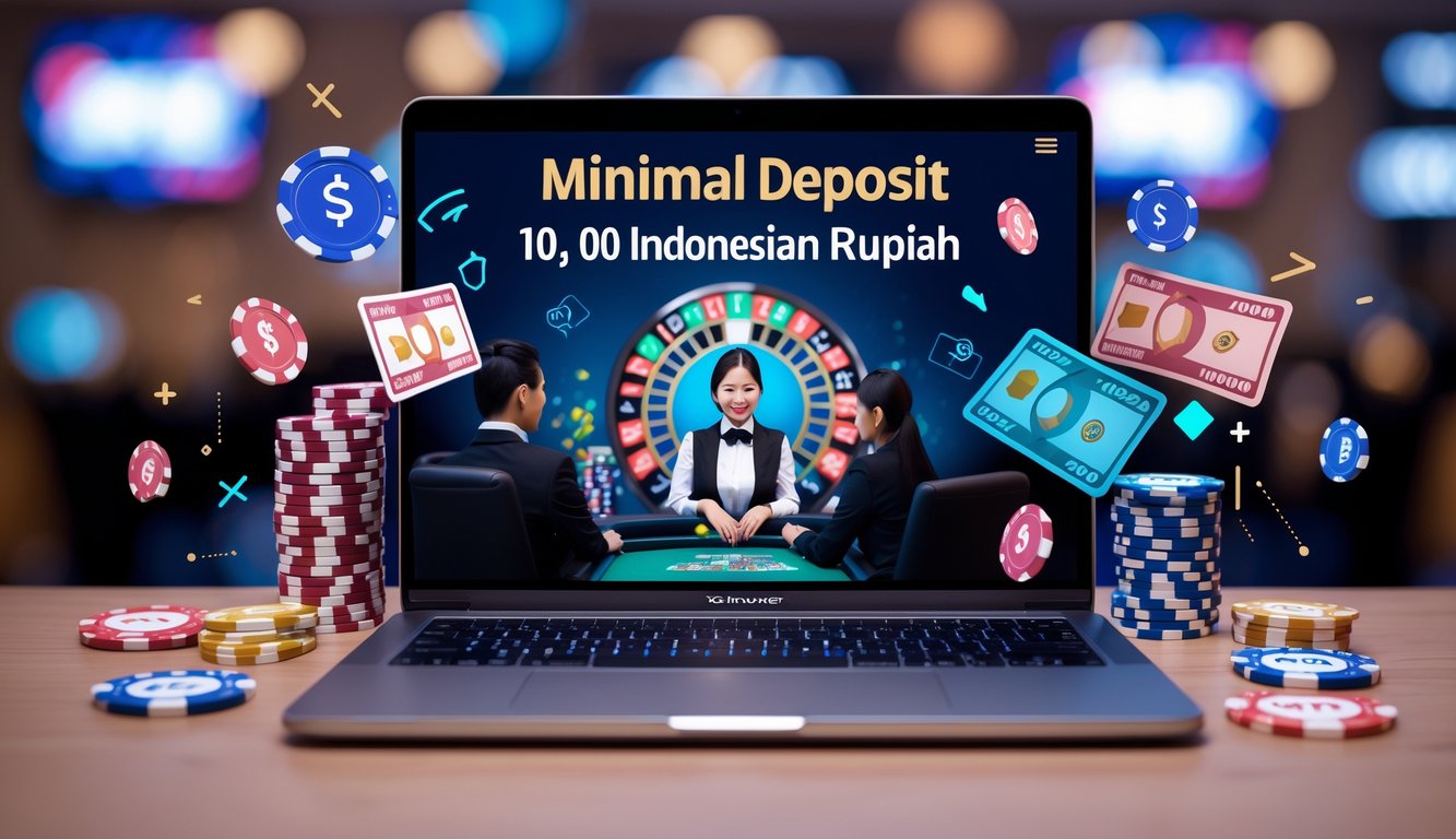 Seorang dealer kasino langsung di layar perangkat digital dengan ikon pembayaran cepat dan uang Rupiah di sekitar, menunjukkan proses deposit minimal yang mudah dan terpercaya.