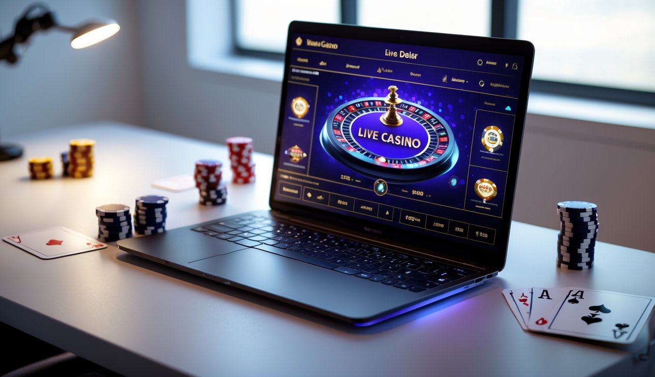 Seorang pemain menggunakan laptop di meja dengan chip poker dan kartu, menampilkan permainan kasino online langsung.