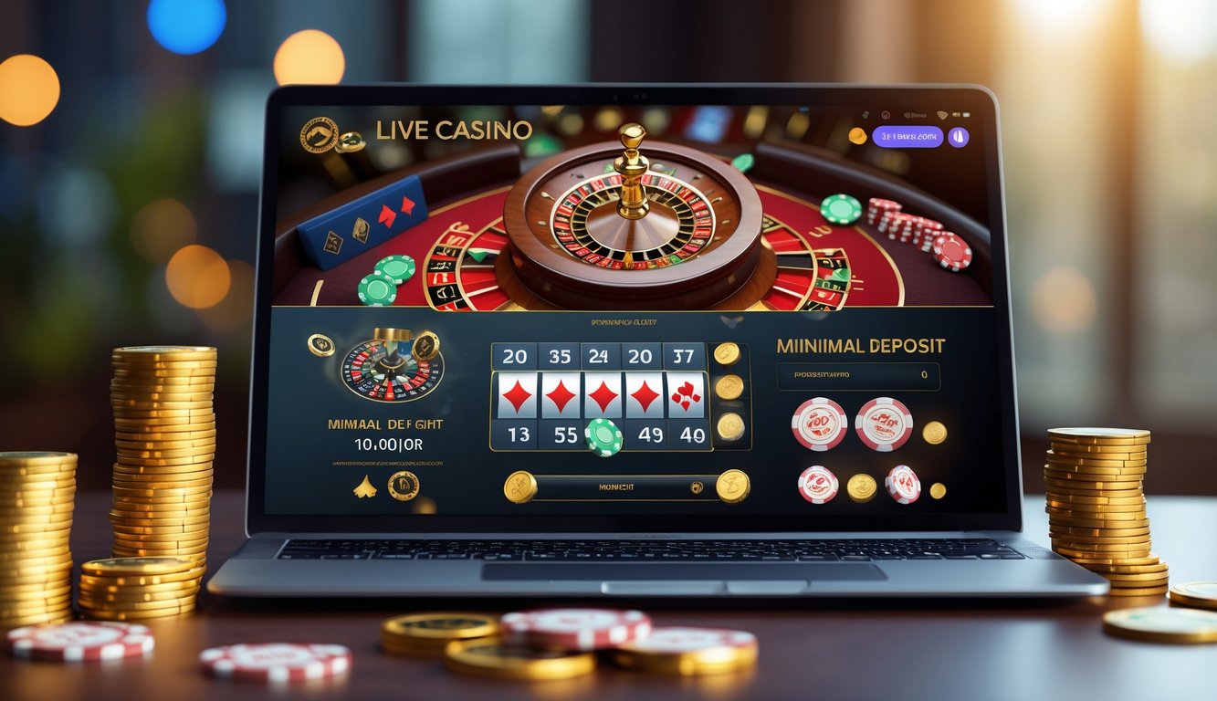 Sebuah perangkat digital menampilkan permainan kasino langsung dengan kartu, roda roulette, dan chip, dikelilingi oleh uang kertas dan koin rupiah.