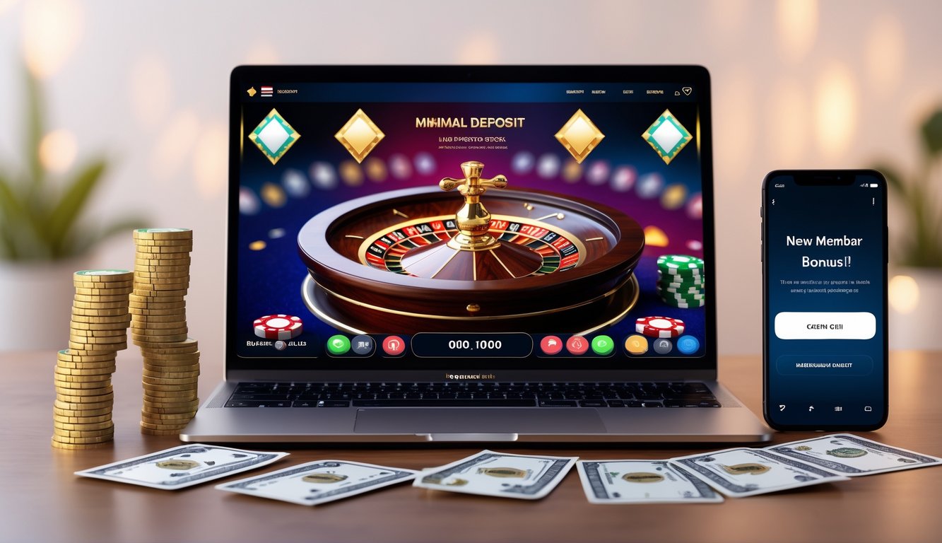 Seorang pengguna sedang bermain live casino online di laptop dengan chip dan kartu di layar, di meja terdapat uang dan ponsel yang menunjukkan notifikasi bonus.