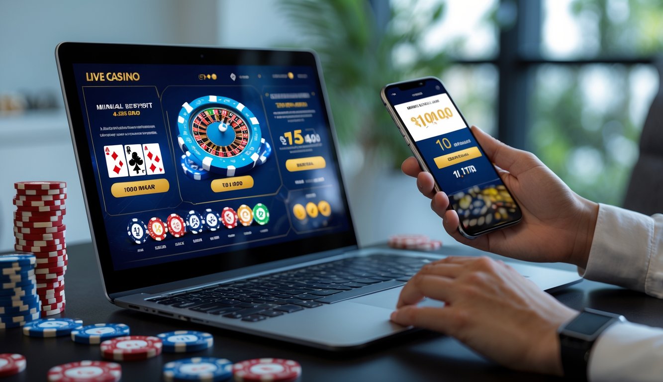 Seorang pengguna sedang bermain permainan kasino langsung di komputer dengan suasana ruangan yang nyaman dan perangkat smartphone di tangan untuk melakukan setoran kecil.