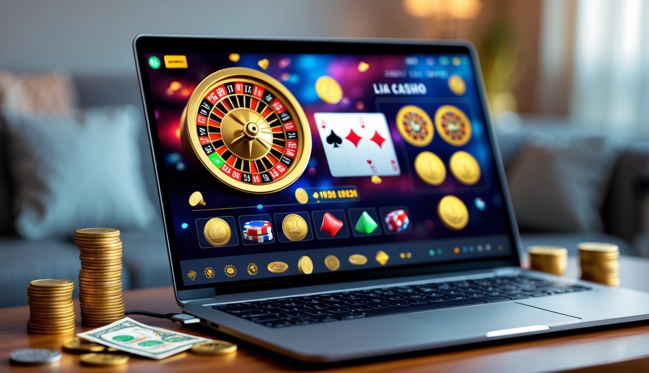 Seorang pengguna sedang bermain permainan kasino langsung di laptop dengan uang rupiah dan chip kasino di meja.