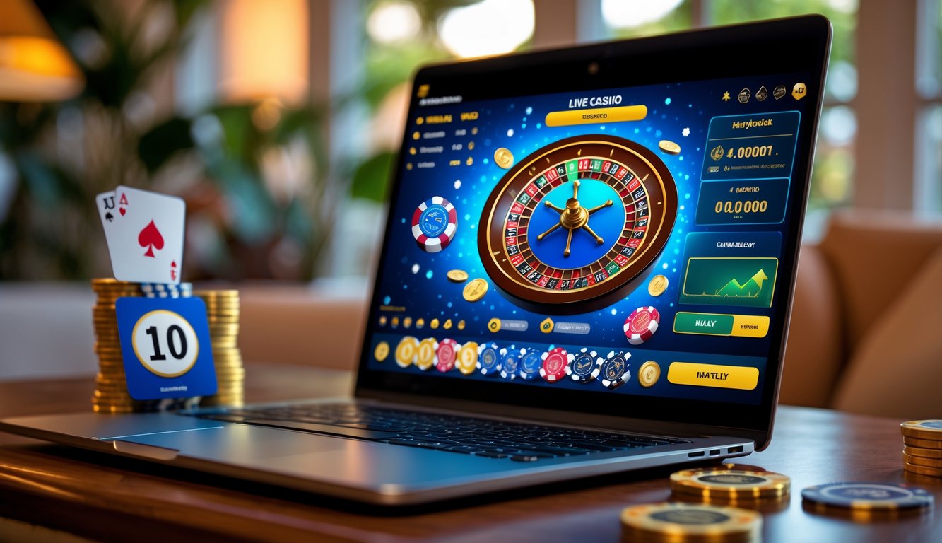 Seorang pengguna bermain live casino online di laptop di ruang tamu yang nyaman dengan tampilan permainan kasino yang berwarna-warni di layar.
