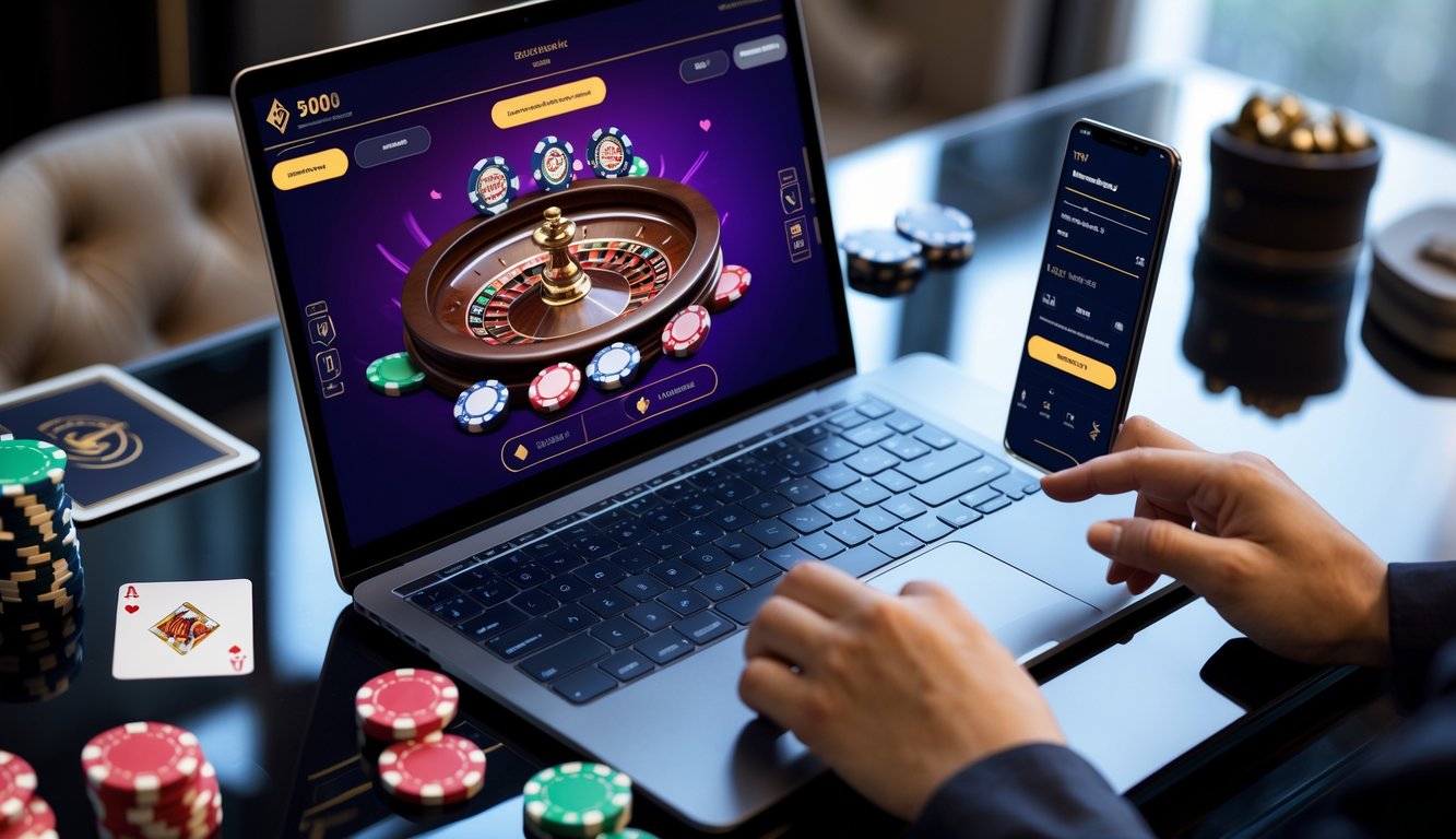 Seorang pengguna berinteraksi dengan laptop dan ponsel yang menampilkan permainan kasino langsung online dan jumlah deposit minimal 10 ribu rupiah.