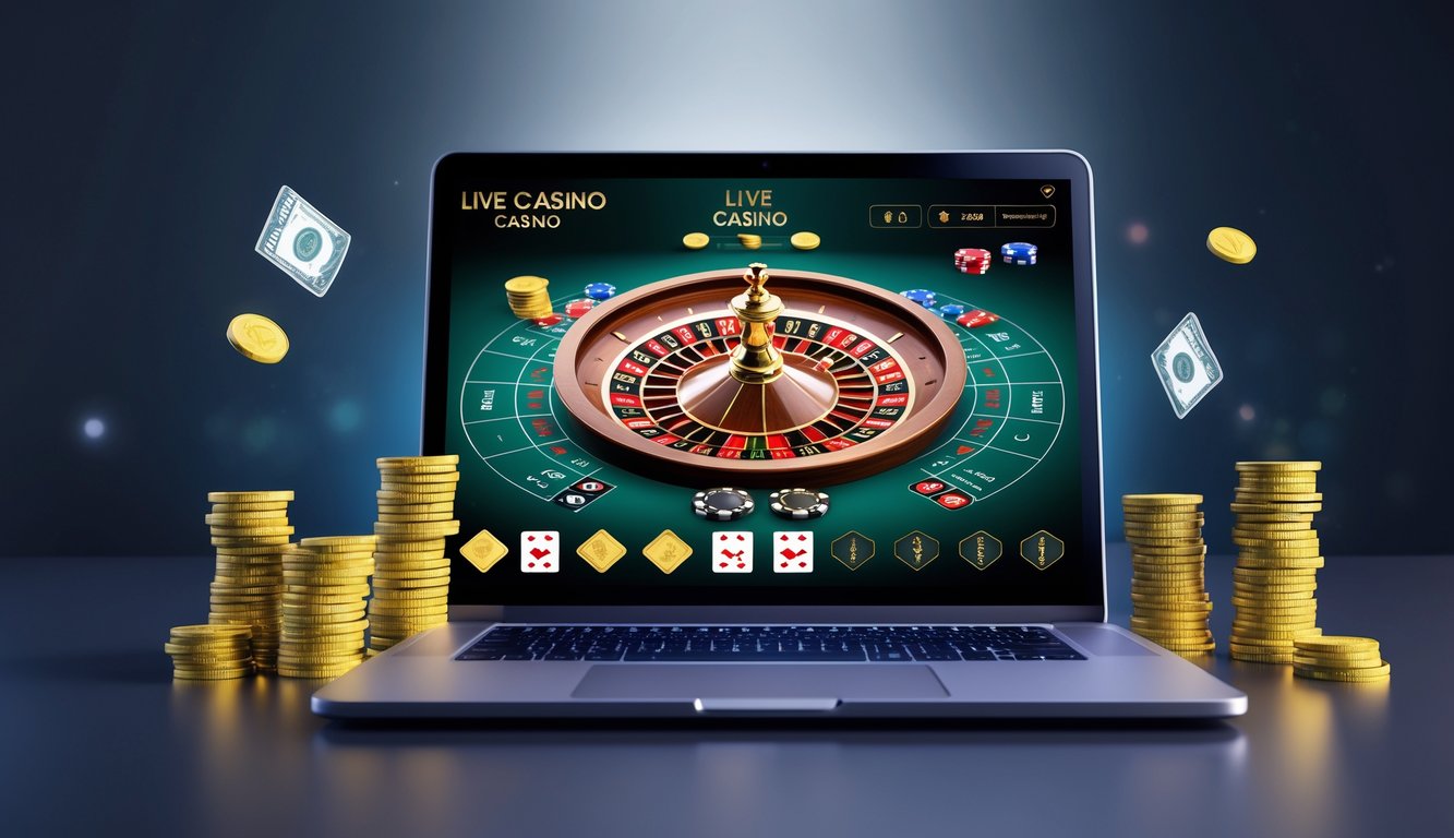 Seorang pemain sedang menggunakan laptop untuk bermain permainan kasino langsung dengan suasana yang modern dan profesional.