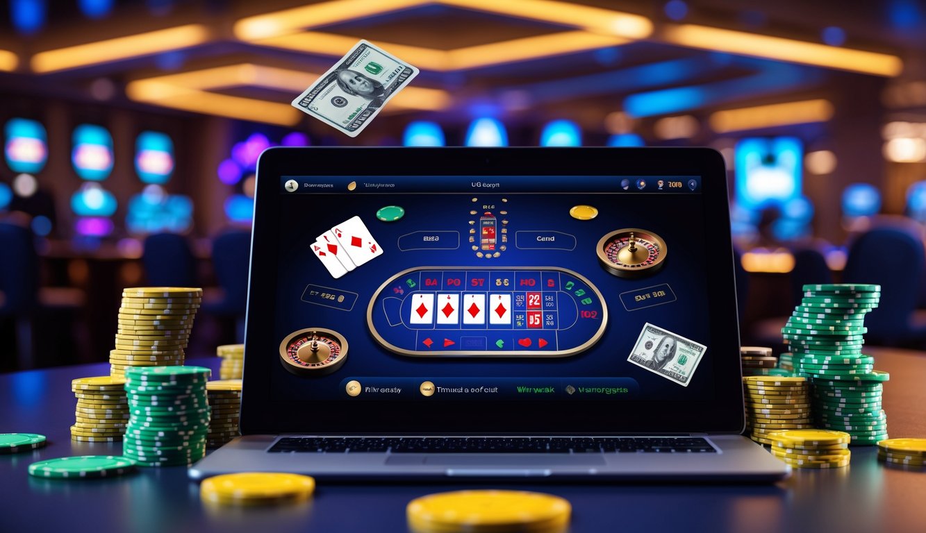 Seseorang menggunakan laptop dengan permainan kasino langsung yang menampilkan kartu dan roda roulette, dikelilingi oleh tumpukan uang dan suasana kasino yang mewah.