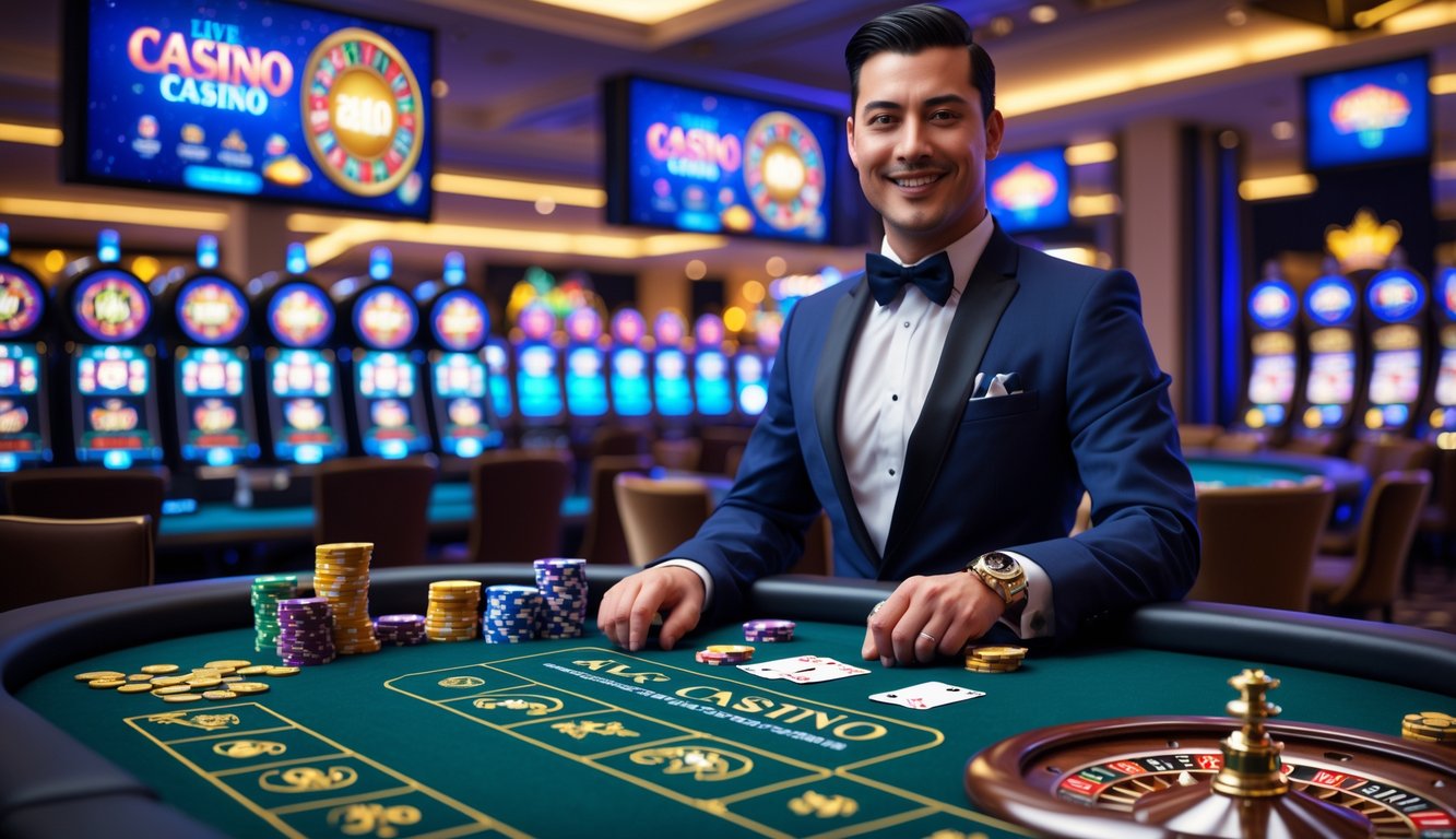 Seorang dealer di meja kasino modern dengan layar digital menampilkan permainan kasino langsung, suasana cerah dan profesional.