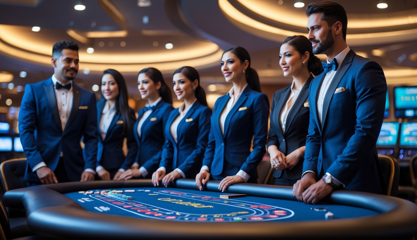 Seorang dealer profesional di meja kasino dengan suasana kasino online yang modern dan teknologi digital di latar belakang.