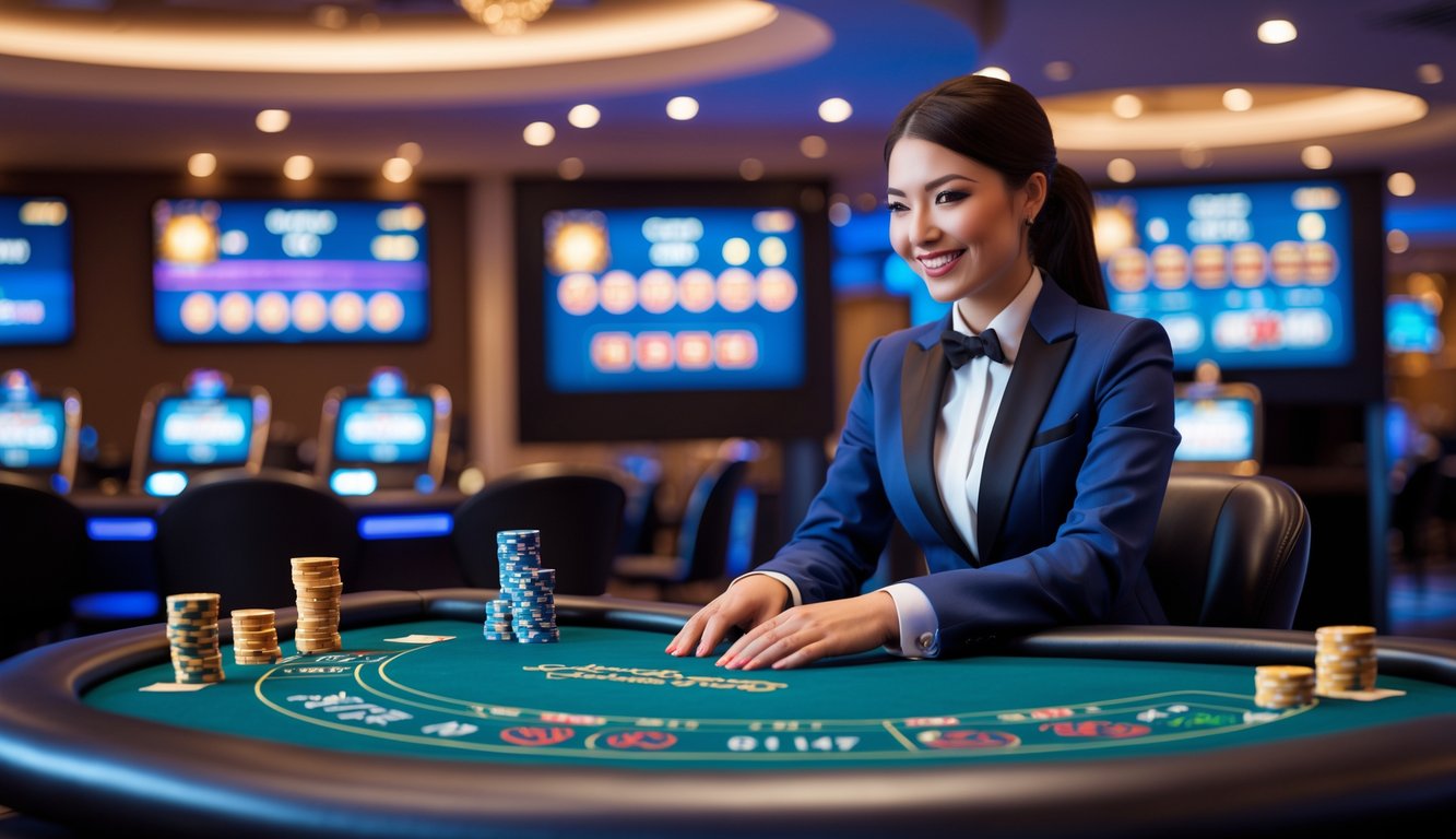 Seorang dealer profesional di meja kasino dengan latar belakang layar digital permainan kasino langsung.