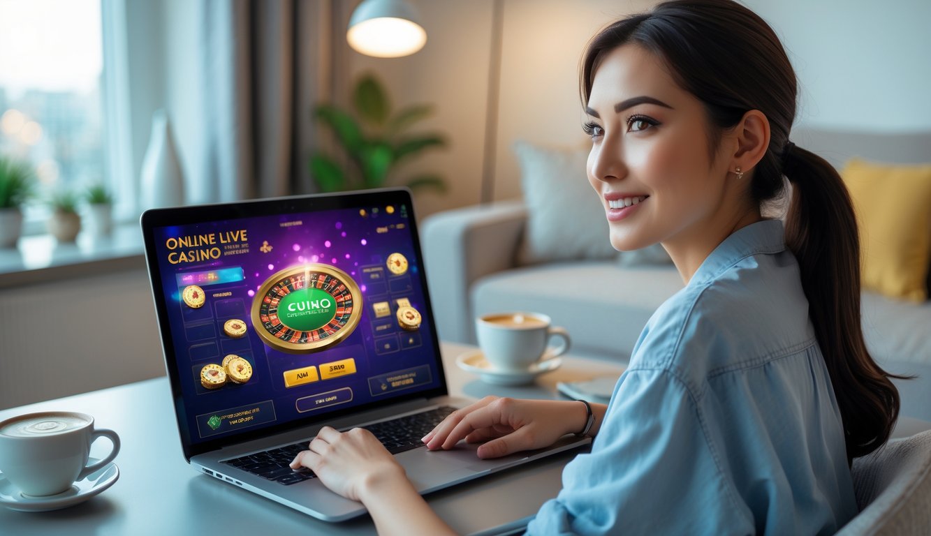 Seorang wanita muda duduk di meja rumah sambil bermain kasino online di laptop dengan ekspresi fokus dan senang.