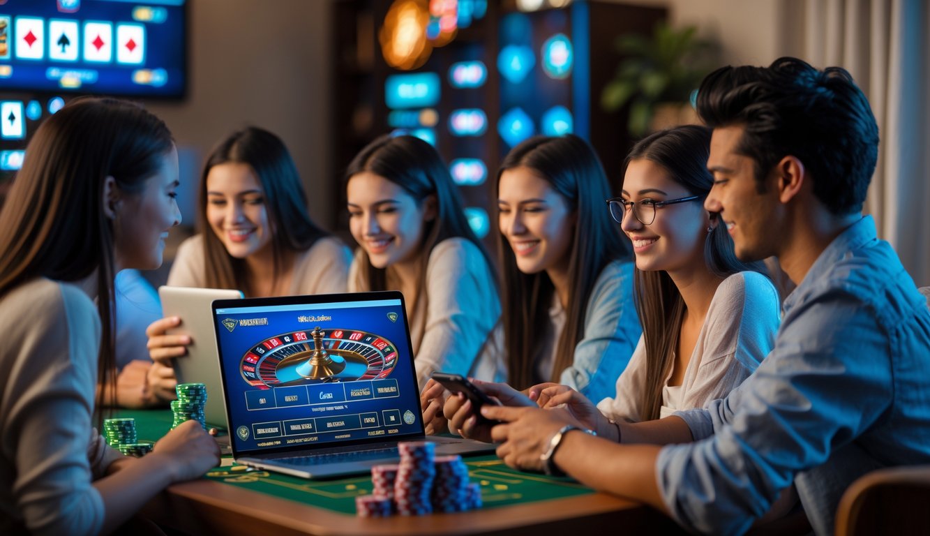 Orang-orang muda sedang bermain permainan kasino langsung secara online menggunakan laptop dan ponsel di rumah.