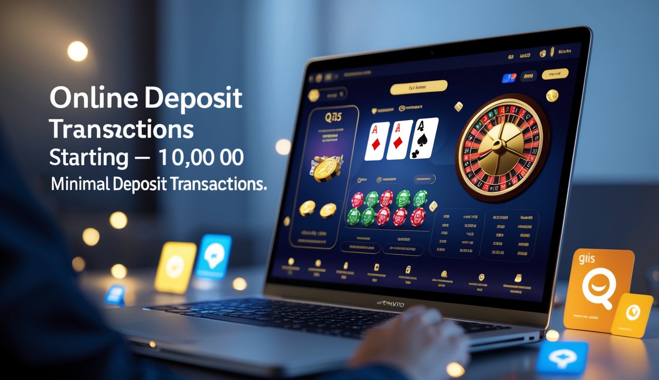 Seseorang menggunakan laptop atau ponsel dengan tampilan kasino online dan ikon pembayaran digital di sekitarnya.