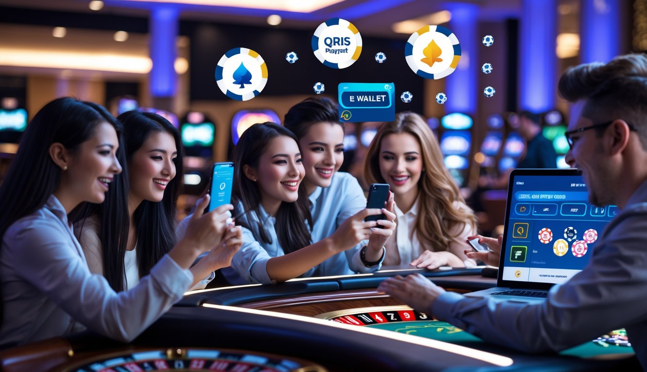 Beberapa orang muda menggunakan ponsel dan laptop untuk bermain di kasino online dengan latar belakang meja kasino dan simbol pembayaran digital.