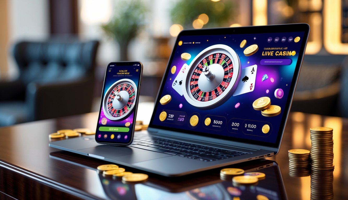 Sebuah laptop dan smartphone menampilkan permainan kasino online dengan latar belakang ruangan yang nyaman.