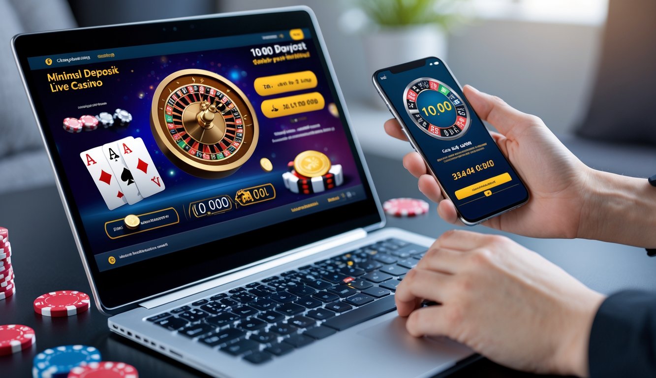Seseorang menggunakan laptop dan ponsel untuk bermain kasino online dengan tampilan permainan kartu dan roda roulette di layar.