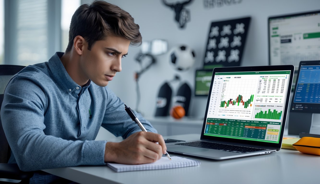 Seorang pria muda duduk di meja modern sambil menganalisis peluang taruhan olahraga di layar laptop dengan catatan dan ponsel di sampingnya.