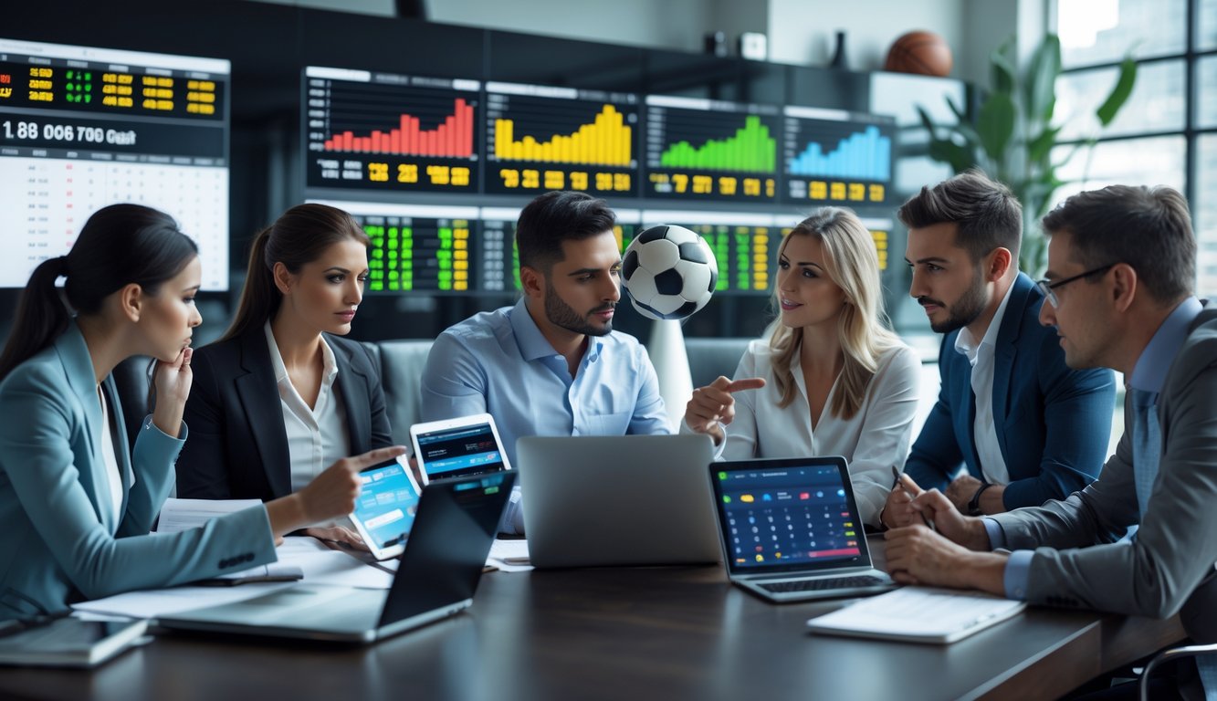 Beberapa orang sedang menganalisis peluang taruhan olahraga di layar digital dalam ruangan modern.