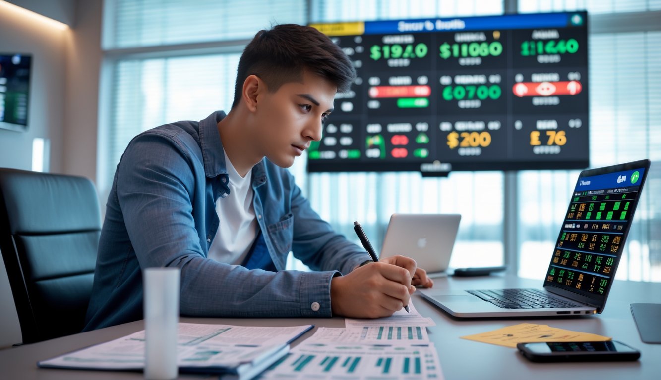 Seorang pemula taruhan olahraga duduk di meja dengan laptop dan ponsel yang menampilkan peluang taruhan dan statistik olahraga, terlihat fokus belajar dan mencatat.