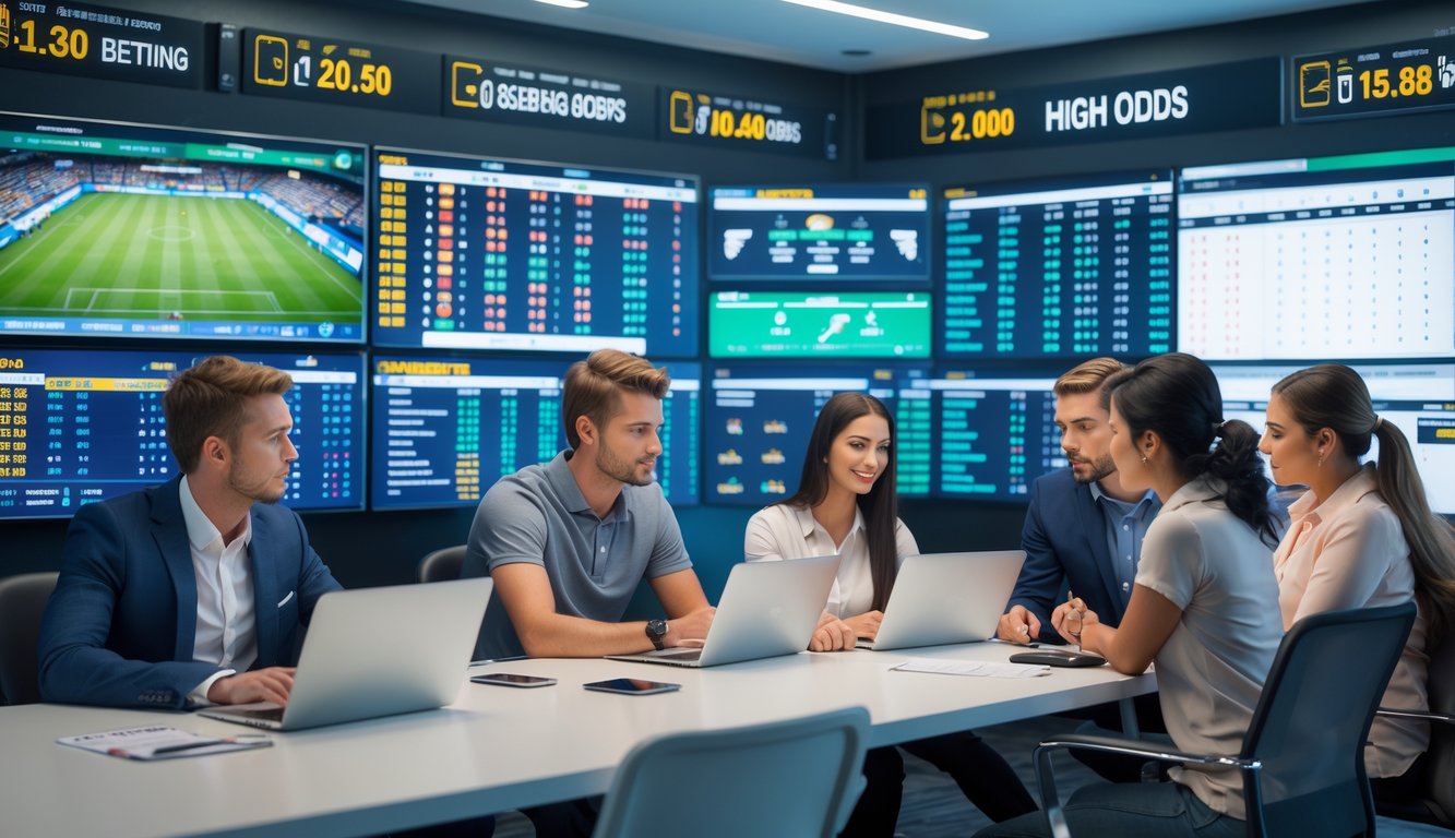 Sekelompok orang muda sedang memperhatikan layar digital yang menampilkan pertandingan olahraga dan peluang taruhan di sebuah ruangan modern.