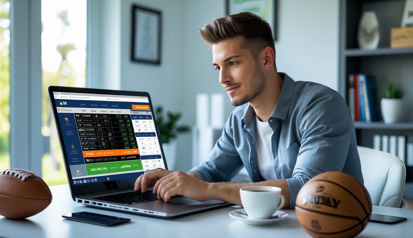 Seorang pria muda duduk di meja dengan laptop, sedang melihat data taruhan olahraga dengan latar ruang kerja yang rapi dan terang.